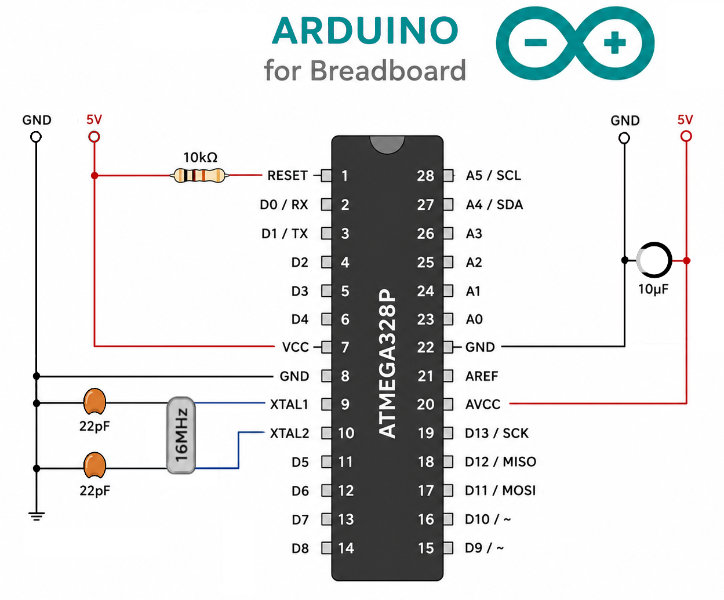 ATmega328P breadboard Arduino pinout showing 5 V, GND, 10k reset pull-up, 16 MHz crystal with 22 pF capacitors and 10 µF decoupling