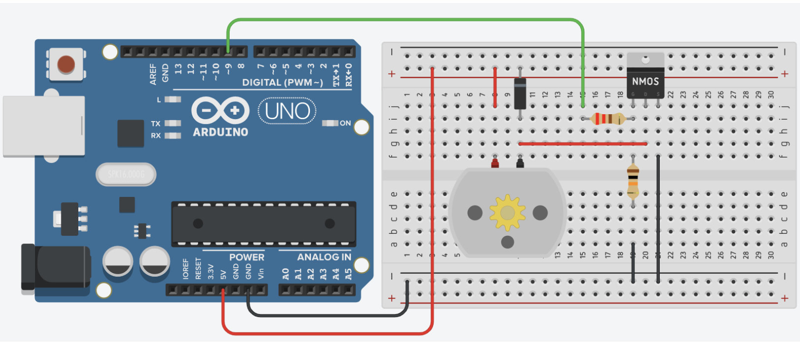 Breadboard wiring for lesson 12: Transistors, MOSFETs & Relays