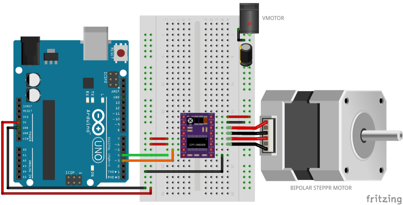 Breadboard wiring for lesson 15: Stepper Motors & Drivers