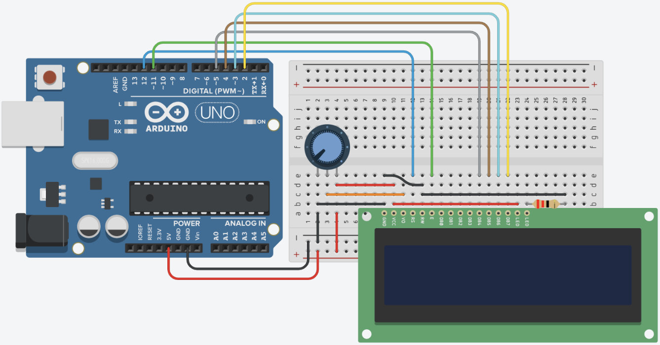 Breadboard wiring for lesson 16: 16x2 LCD in 4-Bit Mode