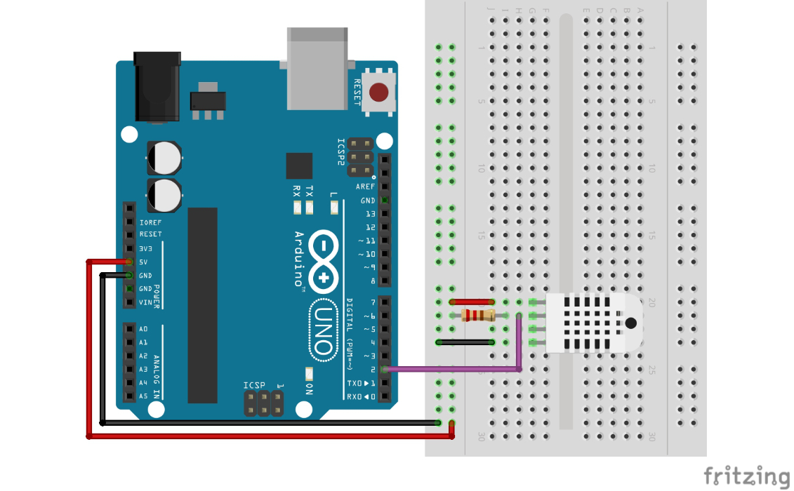 Breadboard wiring for lesson 18: DHT11 Temperature & Humidity