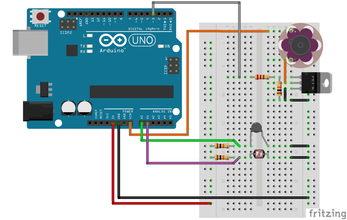 Breadboard wiring for lesson 20: Thermistors, LDRs & Calibration