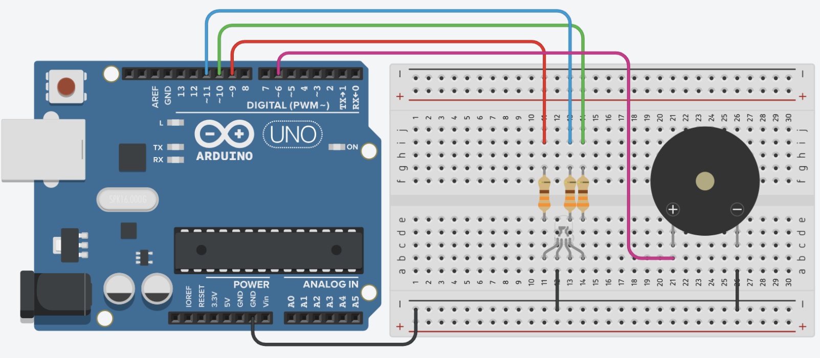 Breadboard wiring for lesson 07: Digital Outputs, RGB LEDs & Buzzers