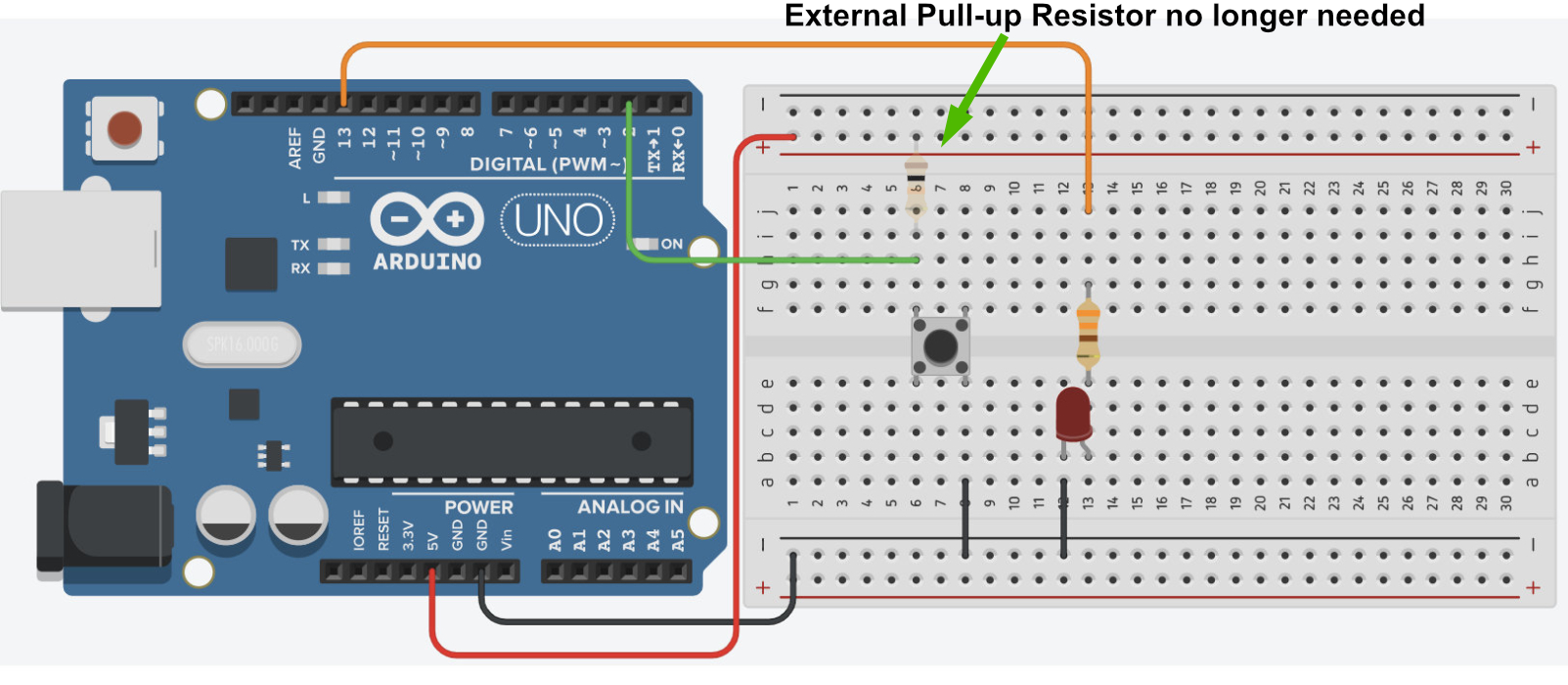 Breadboard wiring for lesson 08: Digital Inputs, Pull-Ups & Debouncing