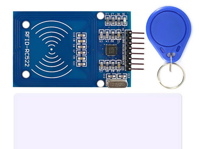 RFID-RC522 reader module with pin header, blue key fob and white proximity card