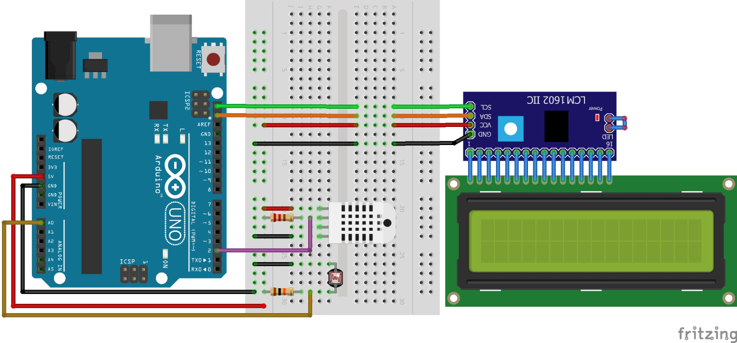 Breadboard wiring for lesson 26: Capstone 1: Environmental Monitor