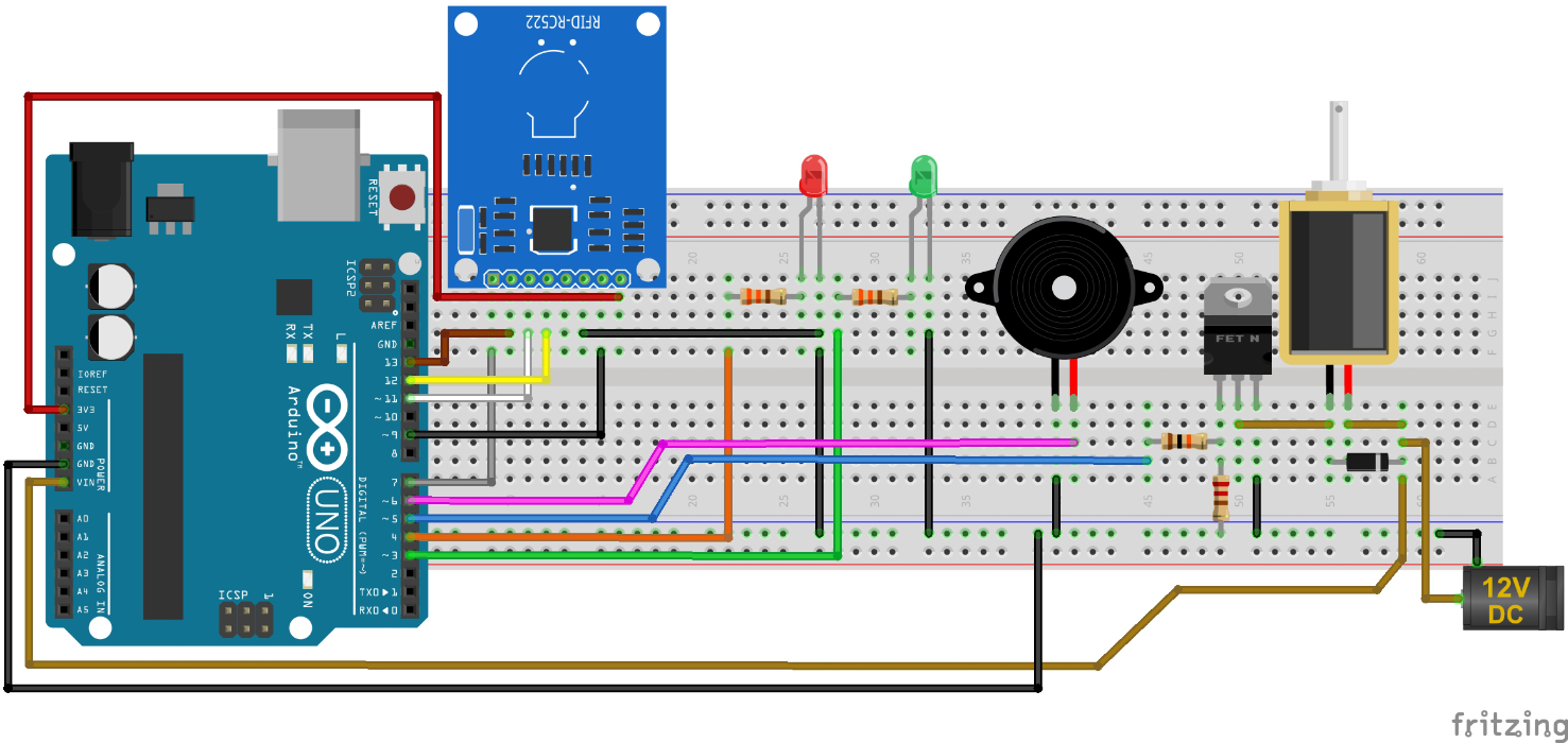 Breadboard wiring for lesson 30: MFRC522 RFID Access Log (VMA202)