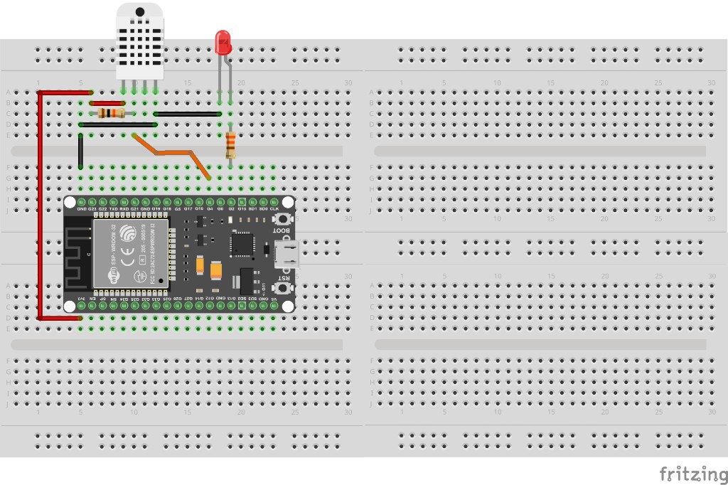 Breadboard layout for ESP32 DHT thermostat: DHT11 on GPIO 4 and heater LED on GPIO 2
