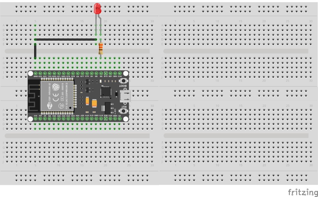 Breadboard layout for ESP32 BLE desk lamp: LED with series resistor on GPIO 2