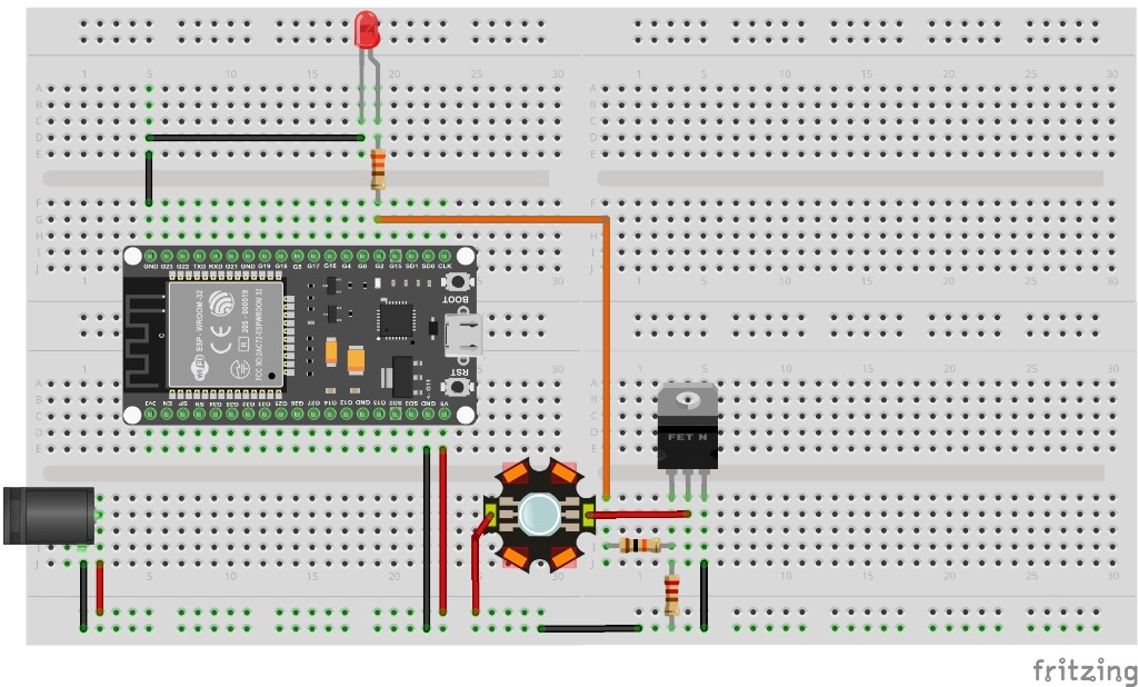 Breadboard layout for ESP32 room light remote: GPIO 2 MOSFET-driven high-power LED and optional GPIO 4 indicator