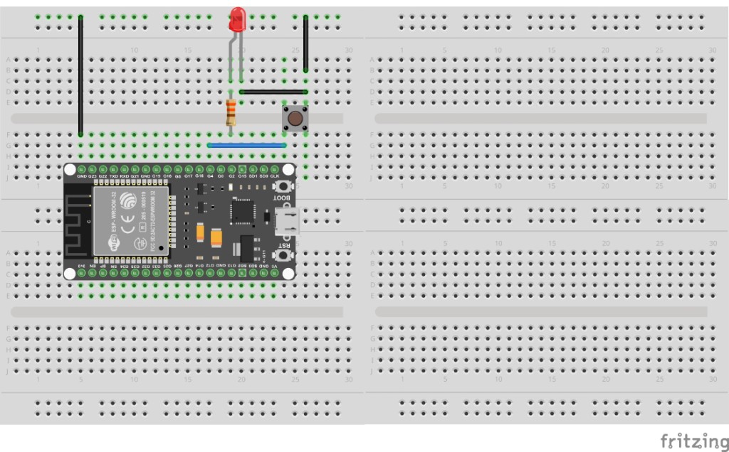 Breadboard layout for ESP32 panel acknowledge: button on GPIO 4 to GND, LED and resistor on GPIO 2
