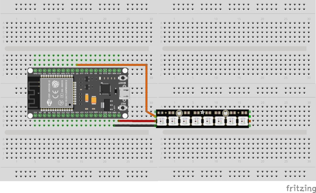 Breadboard layout for ESP32 NeoPixel stick: GPIO 5 data, VIN 5 V and GND to an 8-LED strip