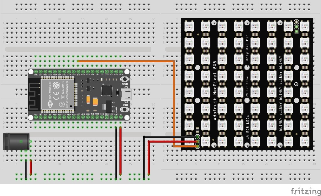 Breadboard layout for ESP32 8x8 NeoPixel matrix with external 5 V DC supply and GPIO 5 data