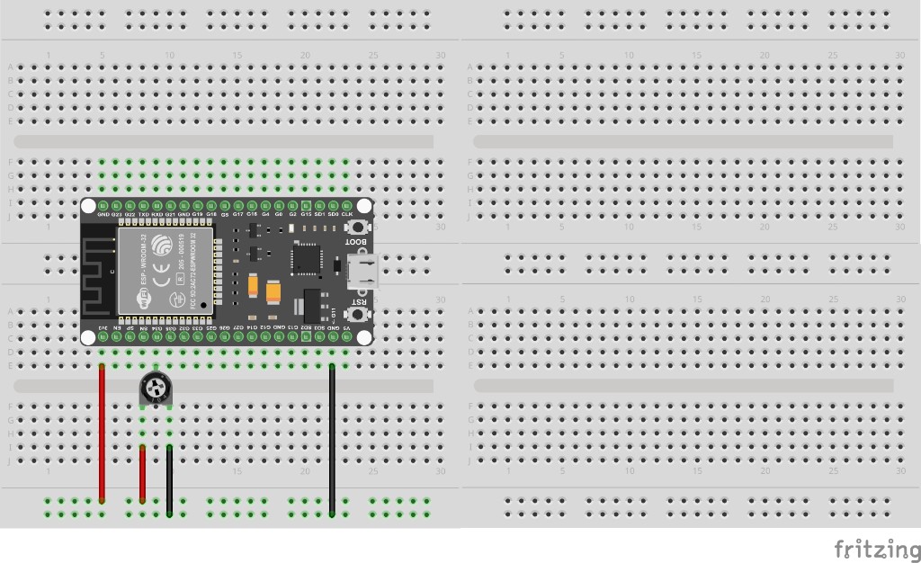 Breadboard layout for ESP32 pulse logger: potentiometer on 3V3, GND and GPIO 34