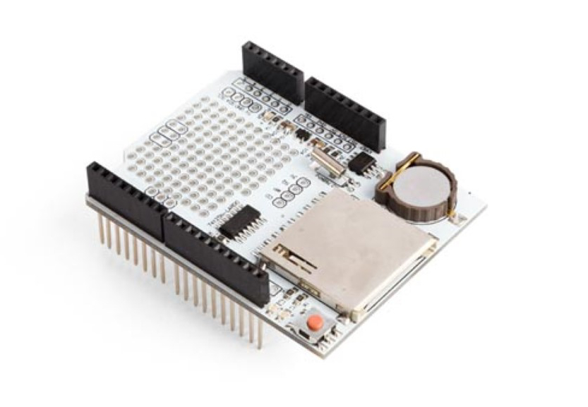 Velleman VMA202 Arduino-compatible data logging shield showing SD card slot, RTC coin cell and prototyping area